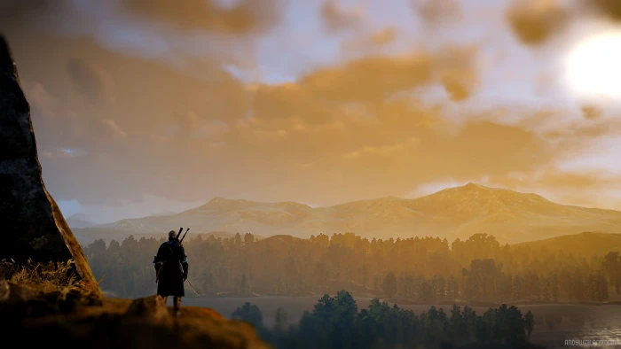 The Witcher 3 Wild Hunt Geralt of Rivia sunset mountain 2k