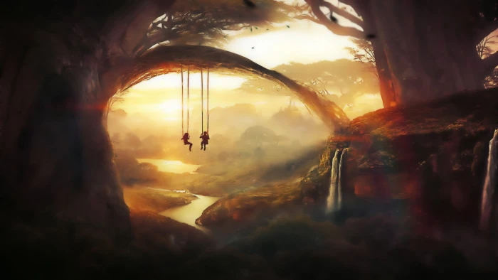 two person riding on swing digital wallpaper near body of water illustration 32 2k