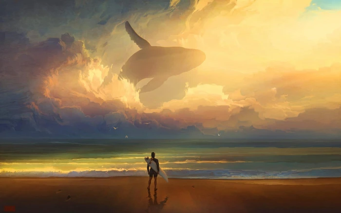 Whale Beach Shore Person Surfer Surf Ocean Drawing HD fantasy 2k