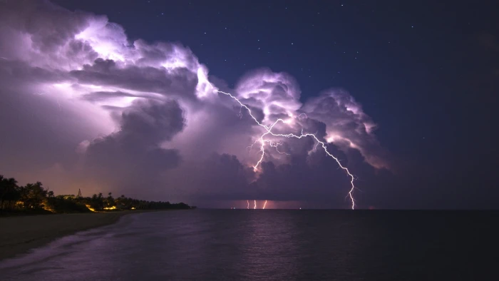 white lightning nature landscape clouds storm horizon sea 2k