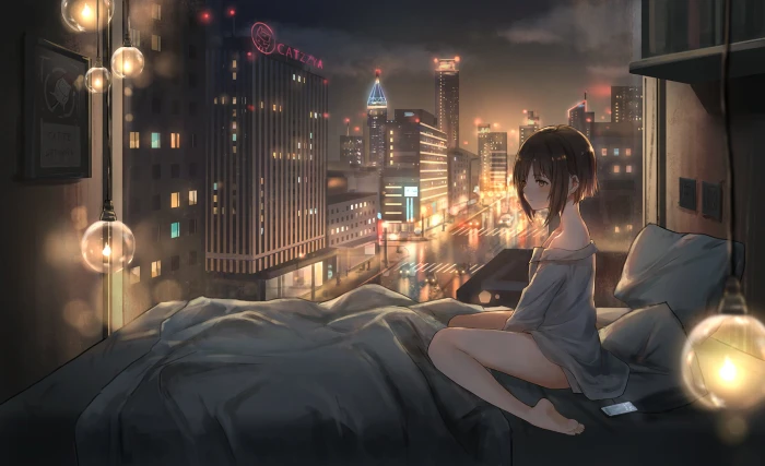 anime girls catzz night city lights bed 2k