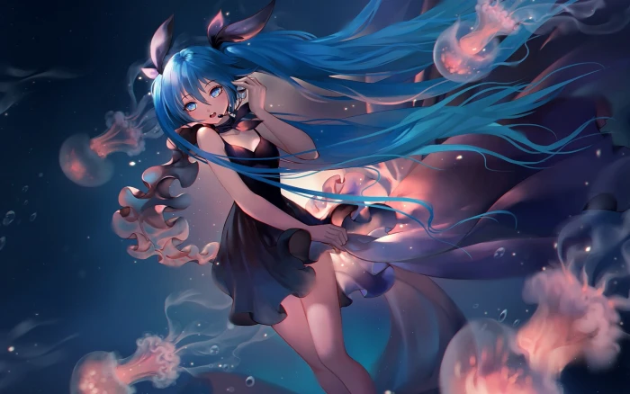 anime girls Hatsune Miku Vocaloid blue hair long 2k
