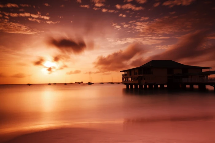 beach Barbados boat calm clouds colorful coast dusk 2k