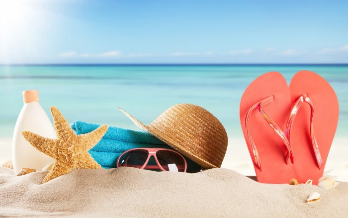 Beach Accessories woven sunhat; orange flipflops; starfish; blue fleece towel; pink frame sunglasses 2k