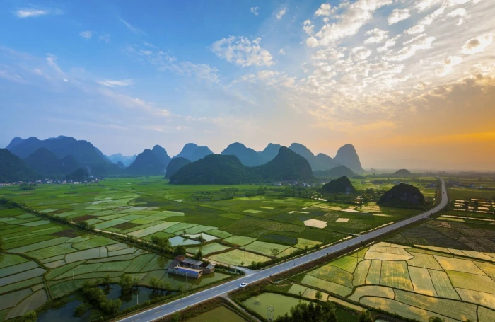 bird's eye view of rice farm and mountain at distance landscape 2k