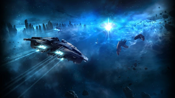 black spaceship digital wallpaper EVE Online night sea illuminated 2k