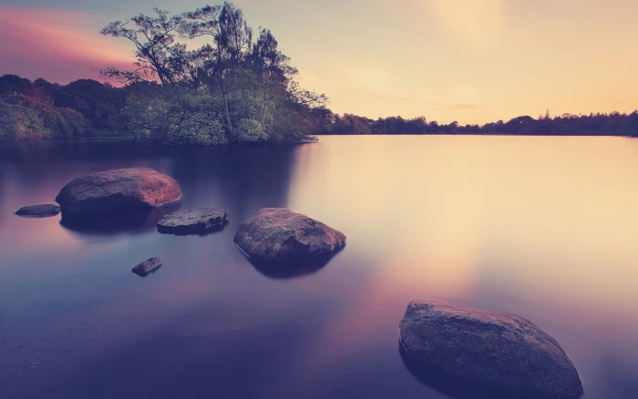 black stones calm body of water with rocks near trees during daytiem 2k