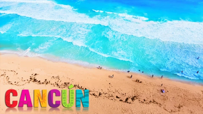 body of water with text overlay Cancun beach land sea sand 2k