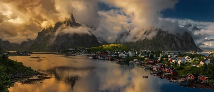 body of water nature landscape Norway sunset clouds mountains 2k