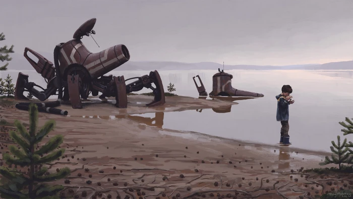 brown and white canon drawing Simon St lenhag futuristic 2k