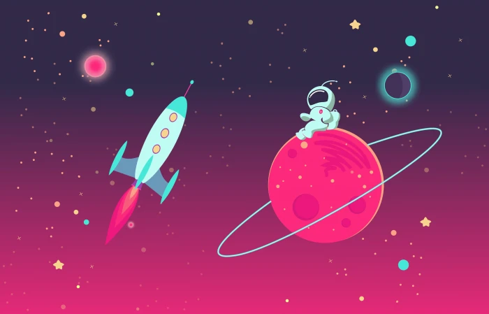 Cartoon Astronaut on Planet and Rocket in Outer Space background 2k 4k