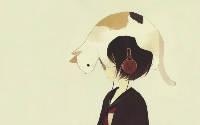 cat on anime character with black hair and headphones girls 2k