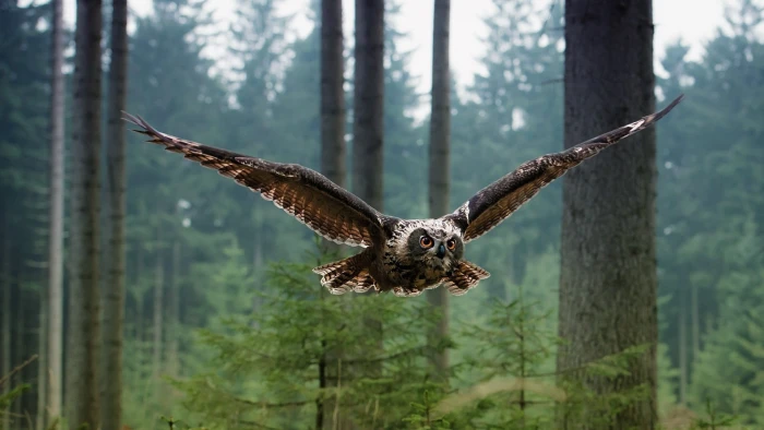 brown eagle owl nature landscape green trees forest flying 2k