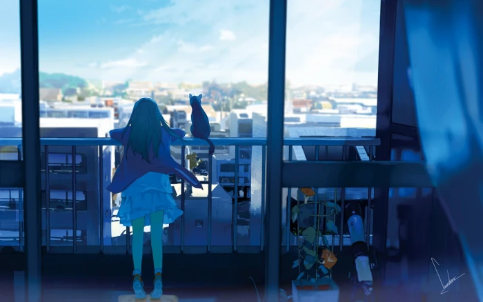 city anime girls original characters cat window balcony 2k
