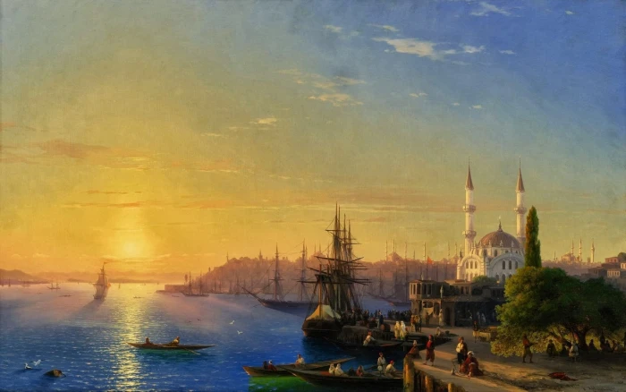 brown wooden boat near buildings painting fantasy art coast 2k