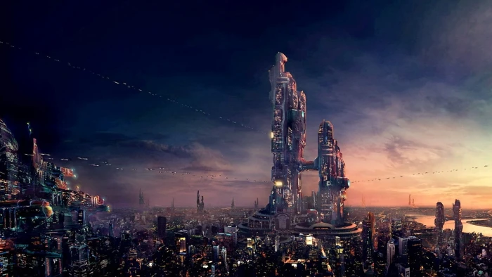 building digital wallpaper futuristic city sky science fiction 2k