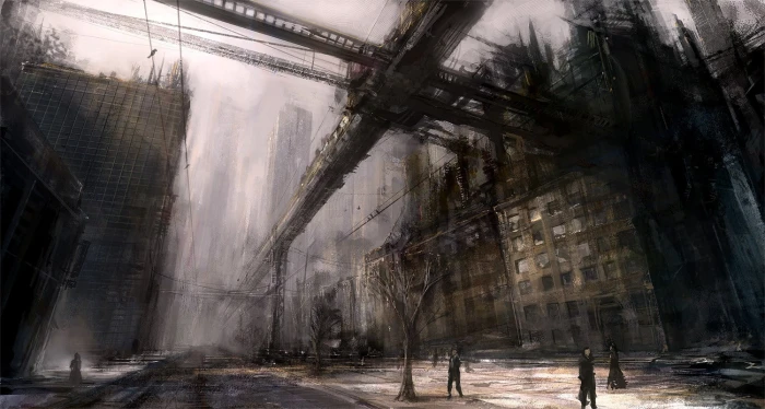 building near bridge painting artwork digital art science fiction 2k