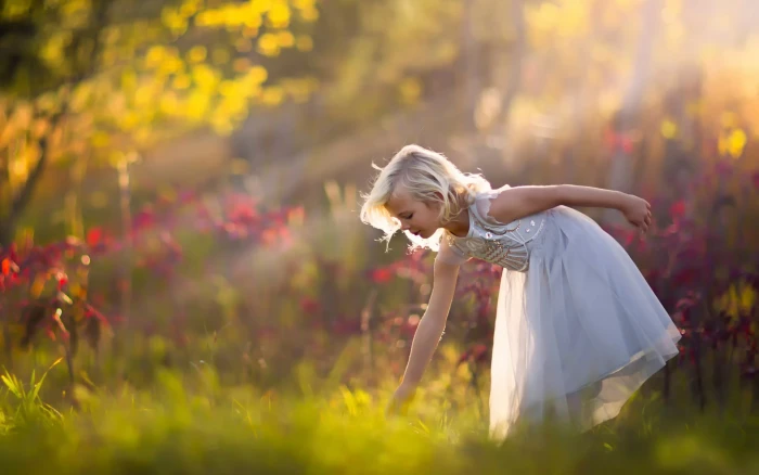 Cute little girl white dress forest nature 2k