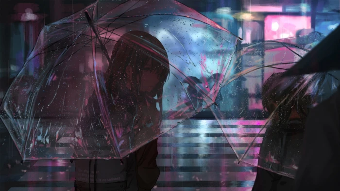 anime art girl rain sadness city night rainy day 2k