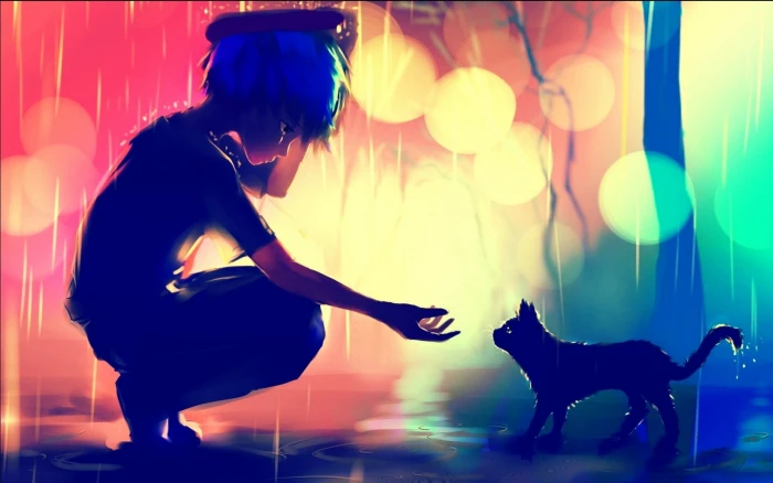 anime boy cat sadness profile view bokeh raining domestic 2k