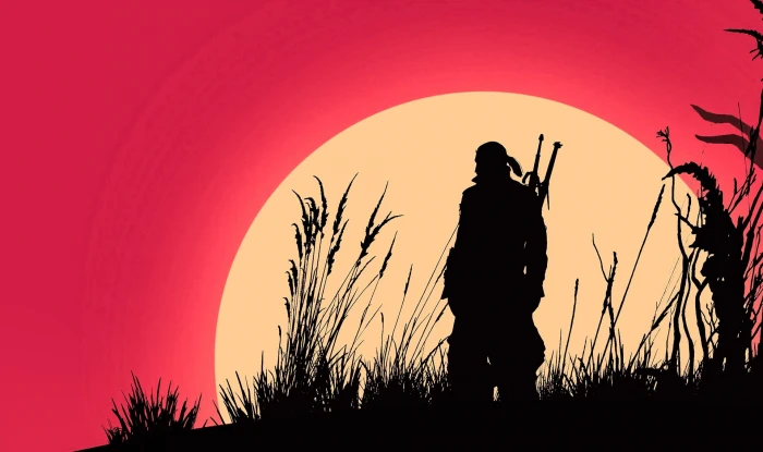 fantasy game The Witcher minimalism sun man weapons digital art 2k