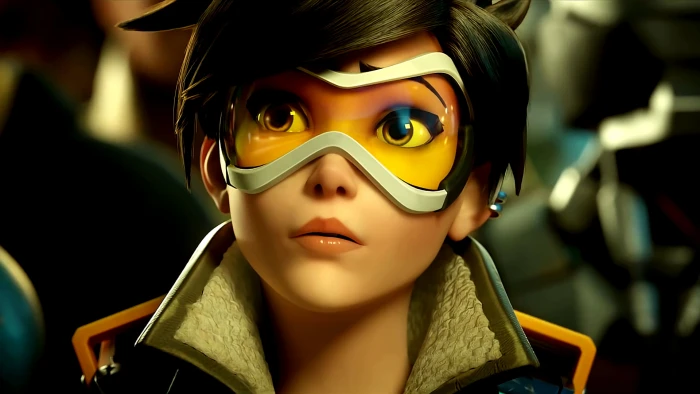 female Overwatch character with white framed goggles black haired anime 2k