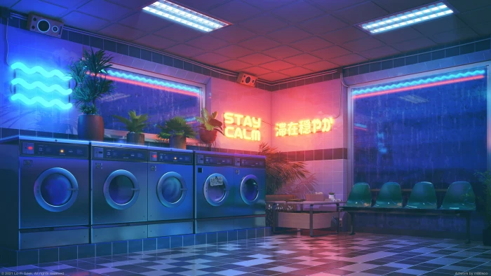 anime digital art artwork laundry neon lights 2k