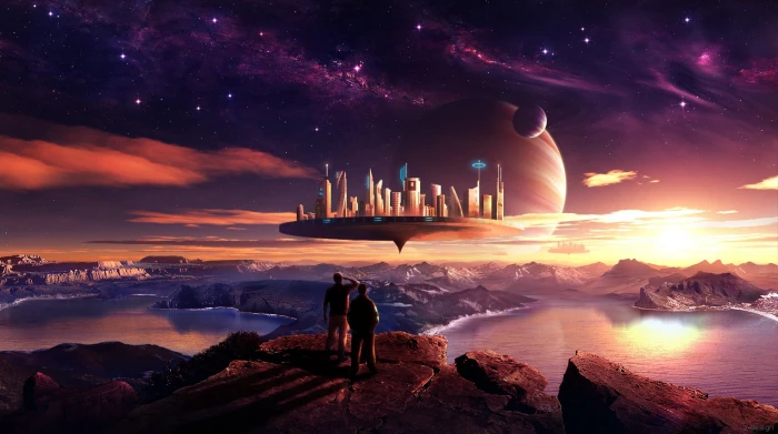 floating city illustration planet science fiction space art 2k