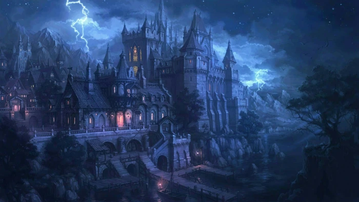 fantasy castle sky night lightning tail darkness storm 2k