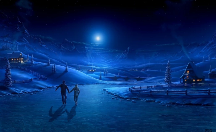 Skating snow village illustration Seasons Winter Night Painting 2k