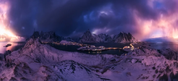 snow filled mountain nature landscape Reine Lofoten Islands 2k