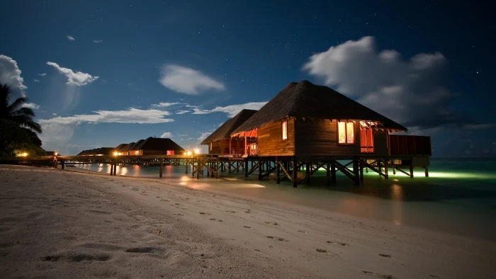 Resort Tropical Hotel Hut Ocean Beach Night Clouds HD nature 2k