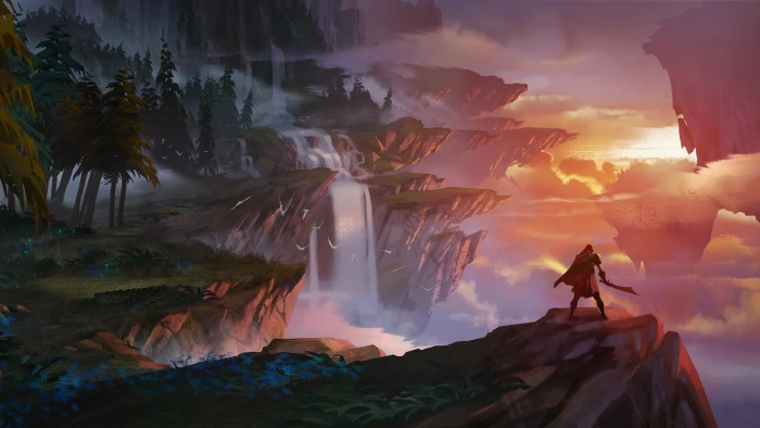 sword fantasy forest twilight river sky trees landscape 2k