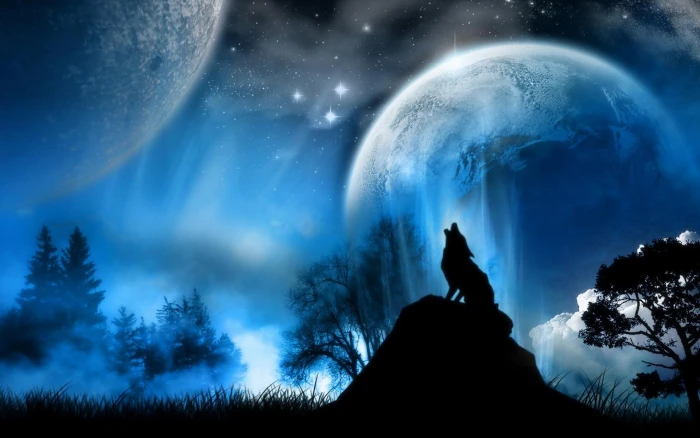 The Lone Wolf silhouette of a howling wolf and two planets graphic art 2k