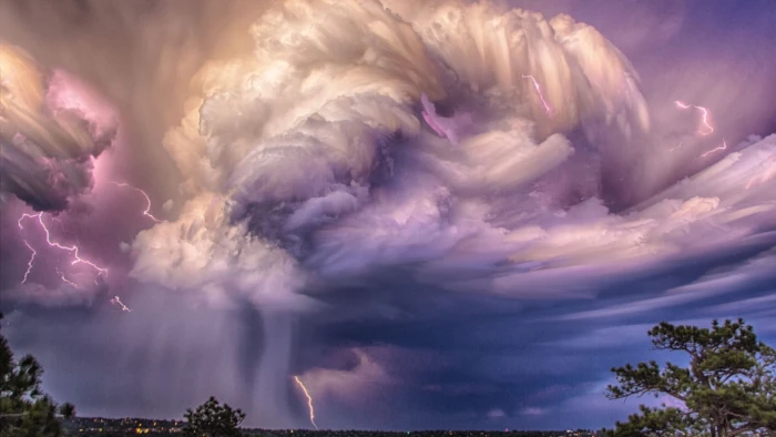 sea of clouds purple and white painting lightning nature 2k