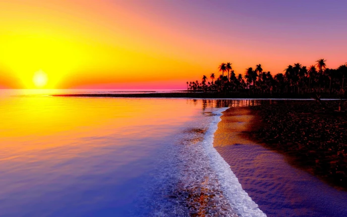 beach tropics sea sand palm trees sunset 63 2k