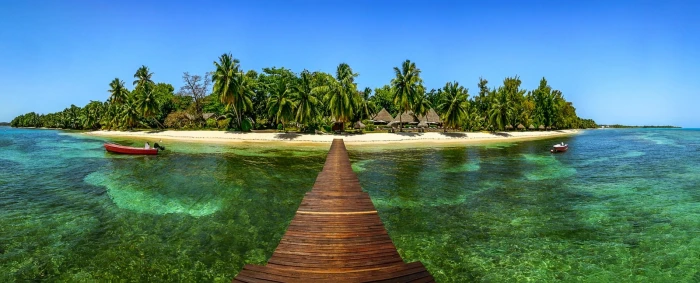 beige island nature landscape dock palm trees beach boat 2k