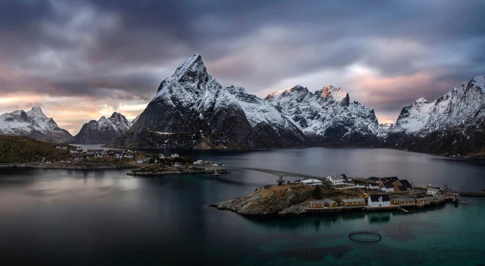 snowy mountain mountains town island Norway Lofoten bridge 2k
