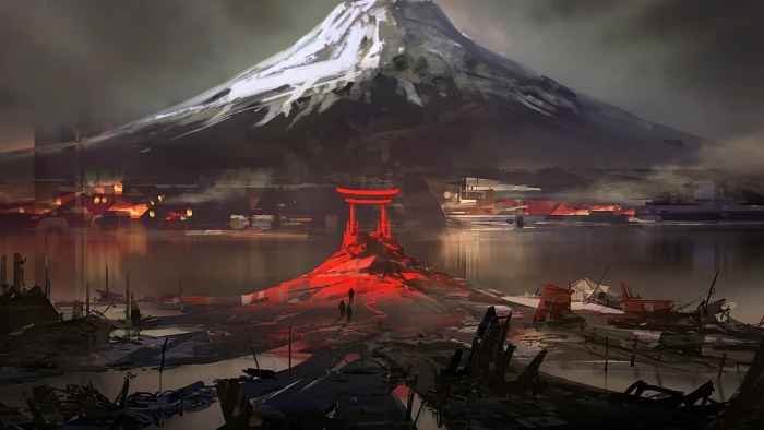 water mountains winter drawing Japan ruin landscape digital art 2k