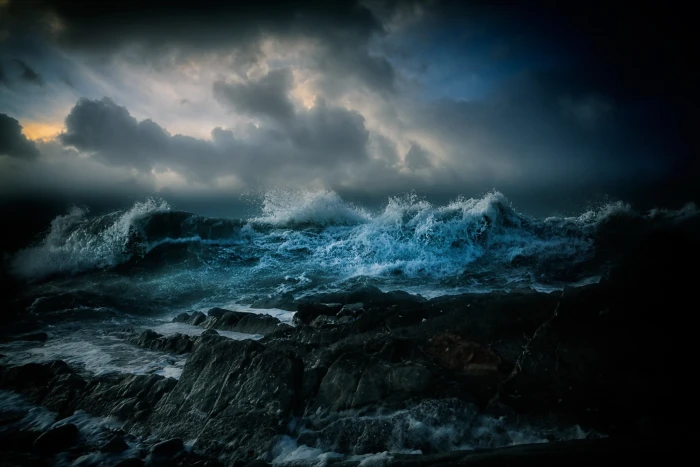 wave of water painting sea storm rock nature clouds sky 2k