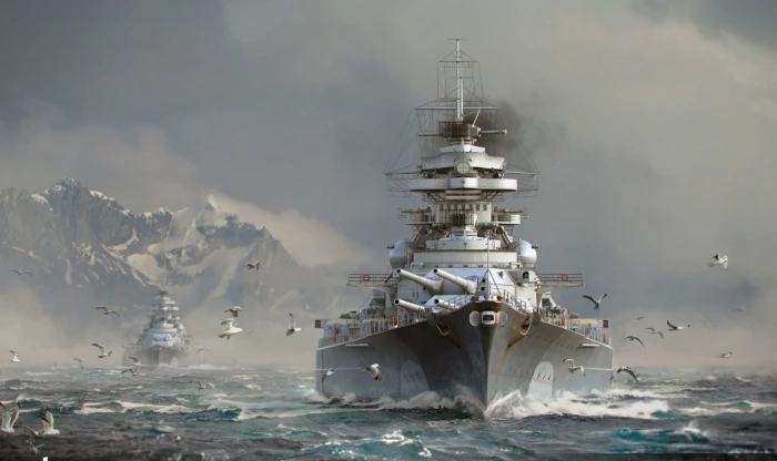 white and gray battleship The sky Water Clouds Sea Mountains 2k