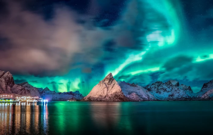 body of water Norway blue sky mountains lights nature aurorae 2k