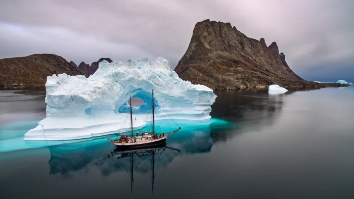 white sail ship beside iceberg digital wallpaper nature landscape 2k