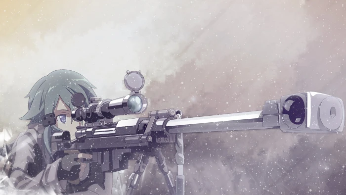woman holding sniper rifle animated character digital wallpaper anime 2k