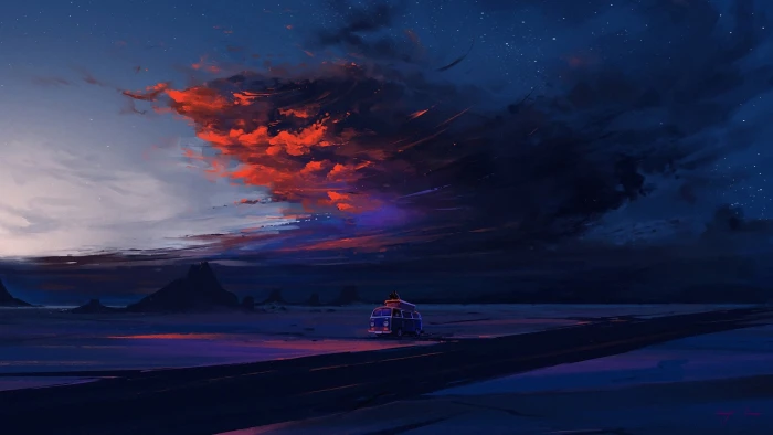 twilight road sky desert landscape nature sunset night 2k