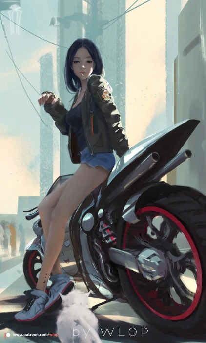woman sitting on sports bike illustration WLOP anime girls