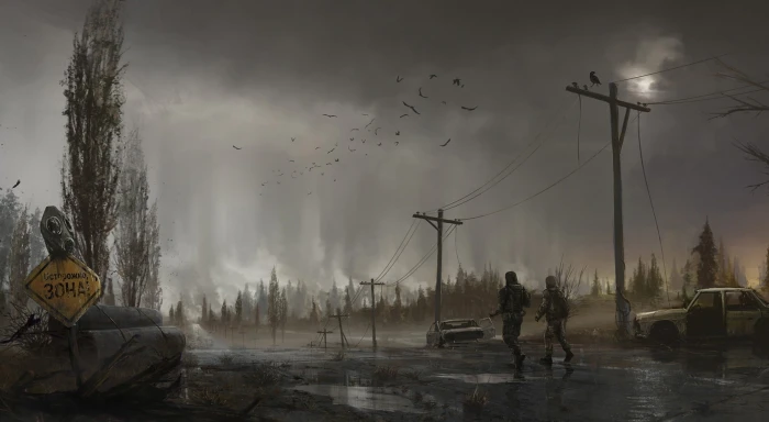 two person on road wallpaper trees birds Chernobyl Stalker 2k