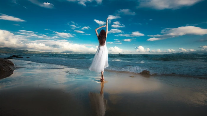 women model photography Asian arms up beach sky outdoors 2k