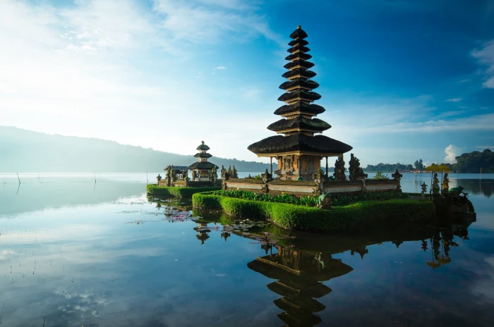 brown temple photography water reflection Bali plants leaves 2k