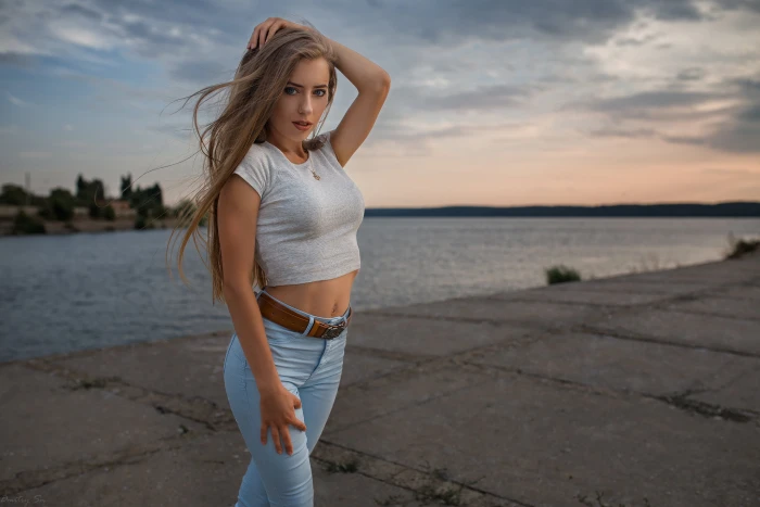 women portrait blonde blue eyes open mouth white tops 2k